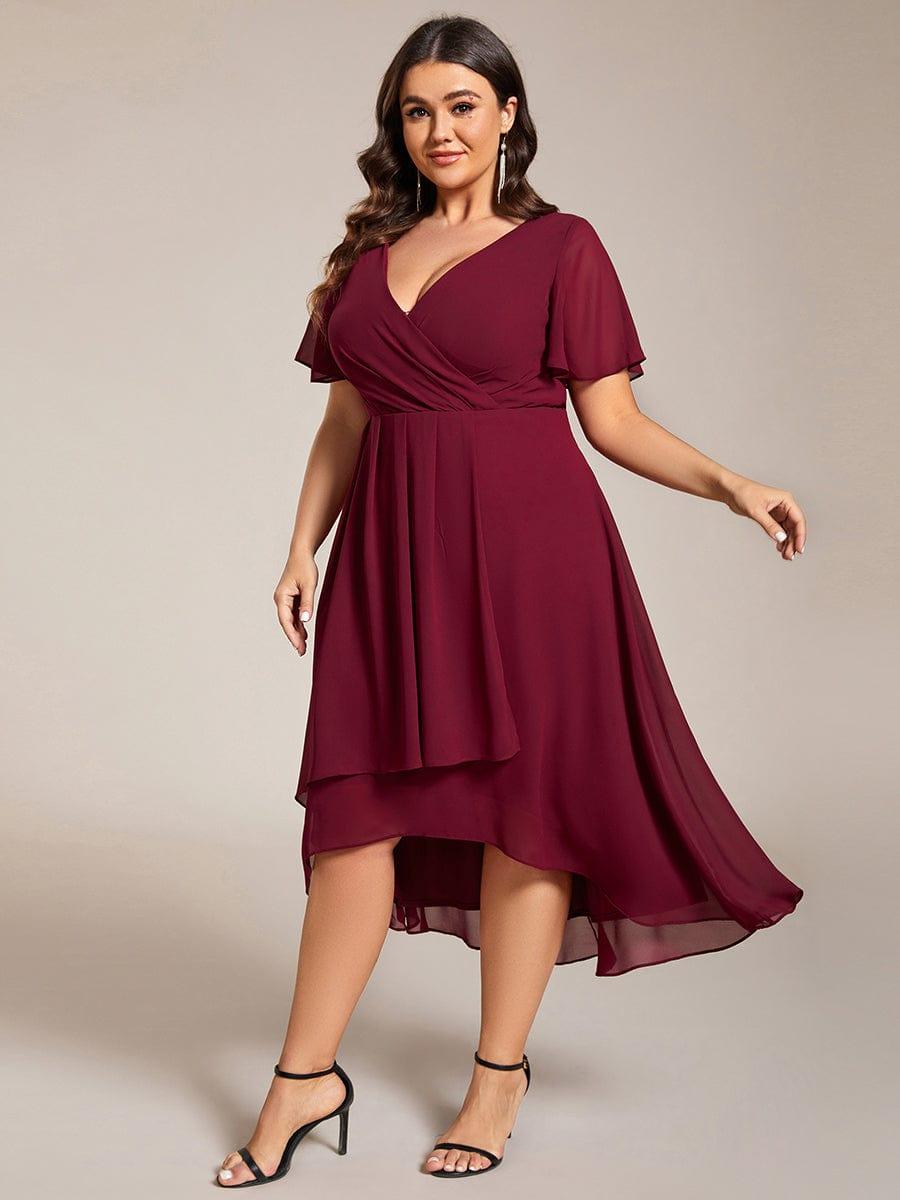 White V-Neck Chiffon Formal Dress with Ruffles Sleeve#color_Burgundy