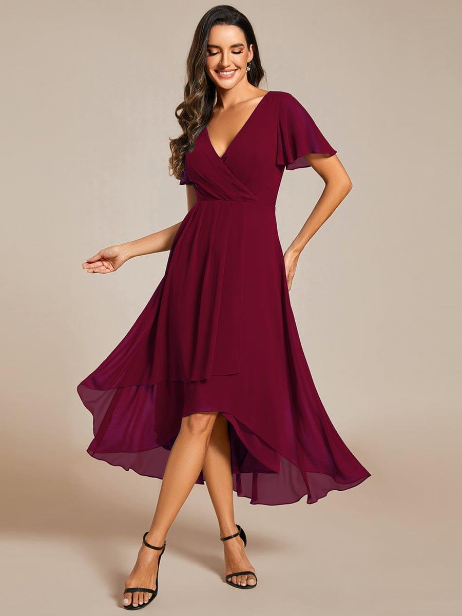 White V-Neck Chiffon Formal Dress with Ruffles Sleeve #color_Burgundy