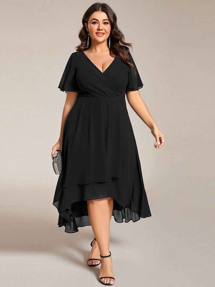 White V-Neck Chiffon Formal Dress with Ruffles Sleeve#color_Black