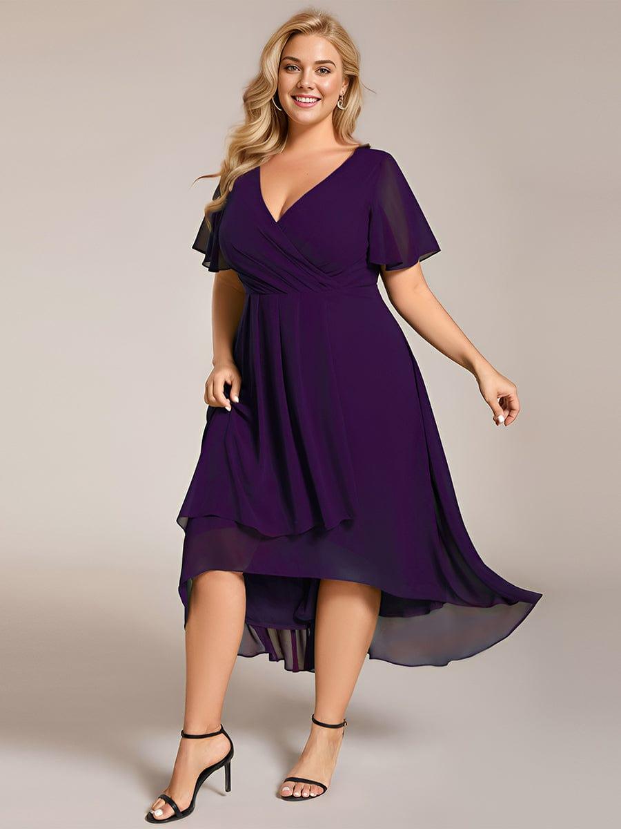 White V-Neck Chiffon Formal Dress with Ruffles Sleeve#color_Dark Purple