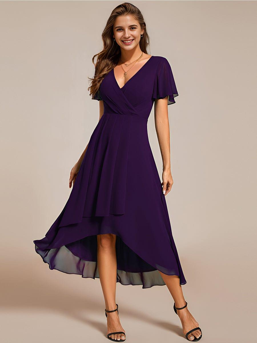 White V-Neck Chiffon Formal Dress with Ruffles Sleeve#color_Dark Purple
