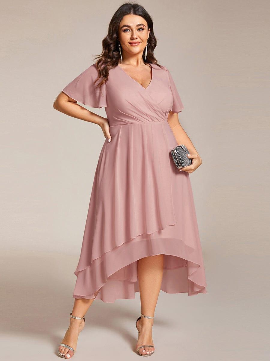 Elegant V-Neck Chiffon Wedding Guest Dress with Ruffle Sleeves