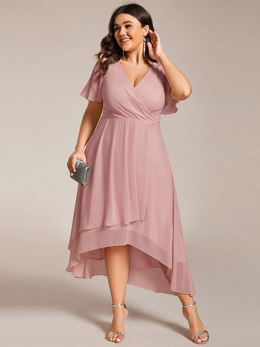Elegant V-Neck Chiffon Wedding Guest Dress with Ruffle Sleeves