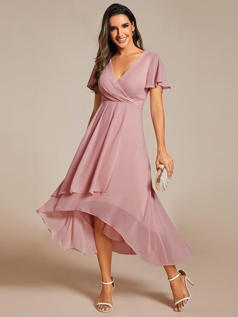 Elegant V-Neck Chiffon Wedding Guest Dress with Ruffle Sleeves