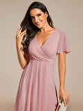 Elegant V-Neck Chiffon Wedding Guest Dress with Ruffle Sleeves