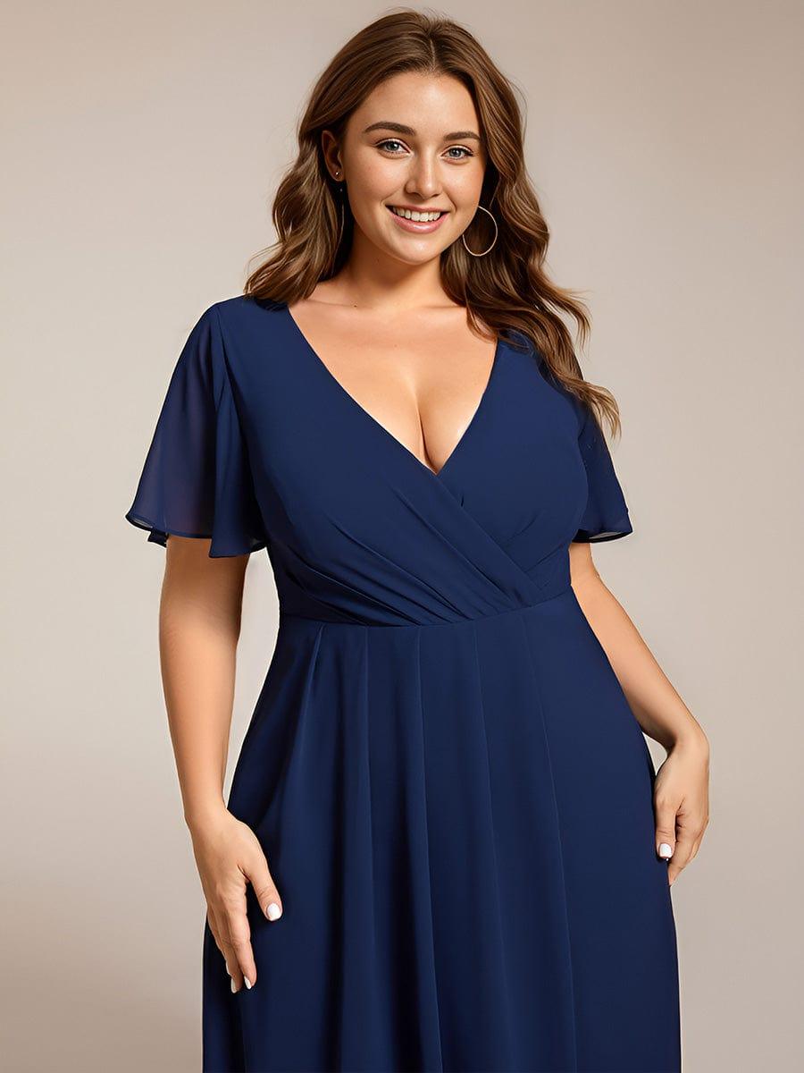 Navy Blue Pleated Midi Wedding Guest Dress with Sleeve