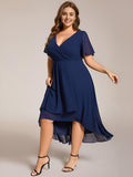 White V-Neck Chiffon Formal Dress with Ruffles Sleeve#color_Navy Blue