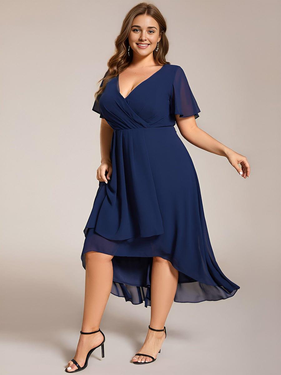 Navy Blue Pleated Midi Wedding Guest Dress with Sleeve
