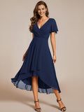 White V-Neck Chiffon Formal Dress with Ruffles Sleeve #color_Navy Blue