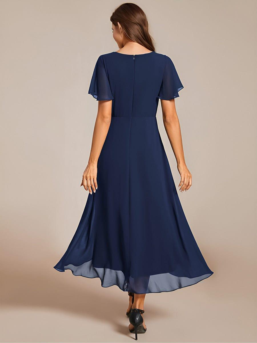 Navy Blue Pleated Midi Wedding Guest Dress with Sleeve #color_Navy Blue