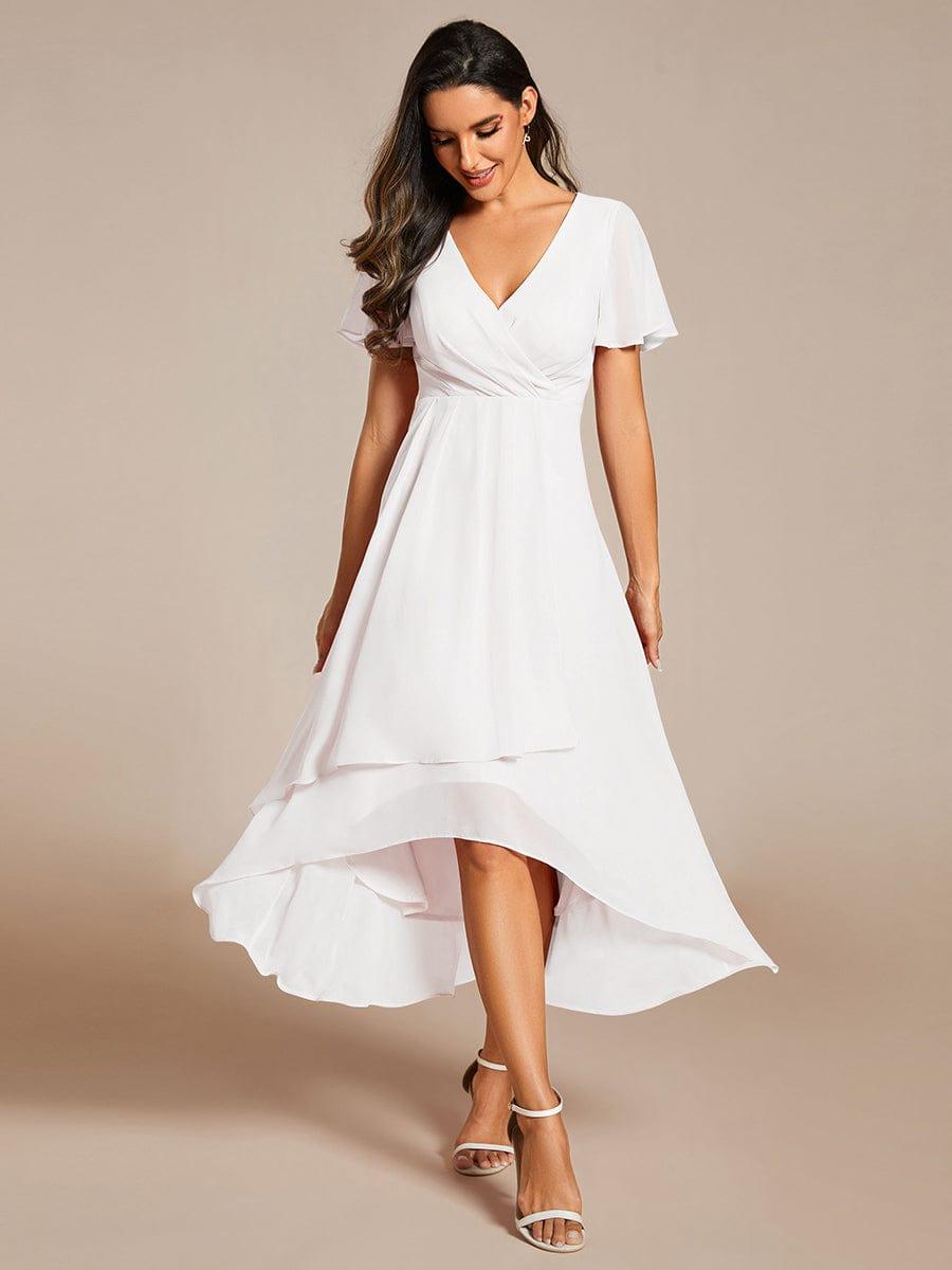Ruffles Sleeve Pleated V-Neck A-Line Midi Chiffon Wedding Guest Dress #color_White