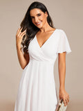 White V-Neck Chiffon Formal Dress with Ruffles Sleeve #color_White