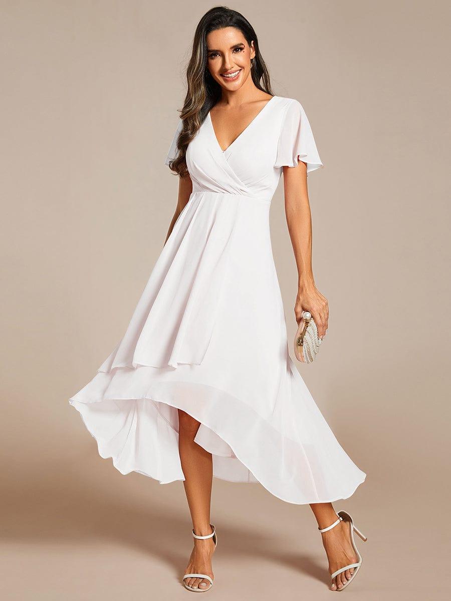 White V-Neck Chiffon Formal Dress with Ruffles Sleeve#color_White