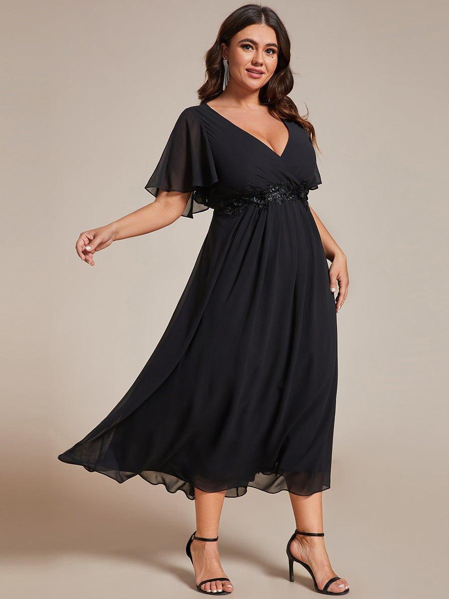 Plus Size Applique A-Line Wedding Guest Dress with Flutter Sleeves