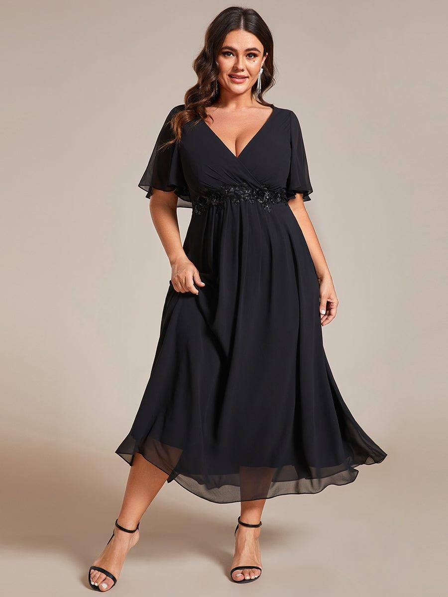 Elegant Plus Size V-Neck Flutter Sleeve Embellished Midi Wedding Guest Bestydress Elegant Plus Size V-Neck Flutter Sleeve Embellished Midi Wedding Guest Bestydress