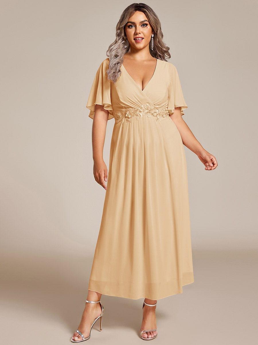 Plus Size Applique A-Line Wedding Guest Dress with Flutter Sleeves