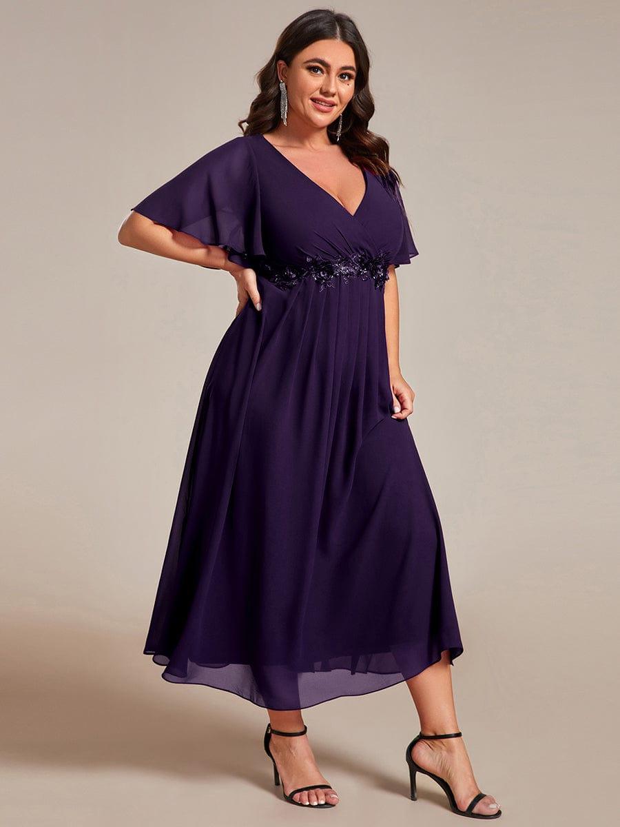 Plus Size Applique A-Line Wedding Guest Dress with Flutter Sleeves