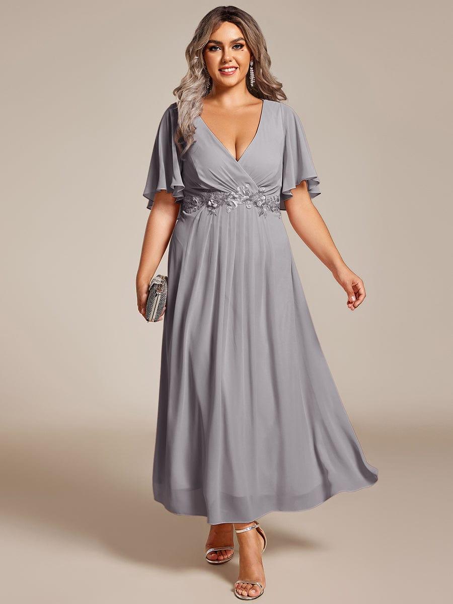 Plus Size Applique A-Line Wedding Guest Dress with Flutter Sleeves