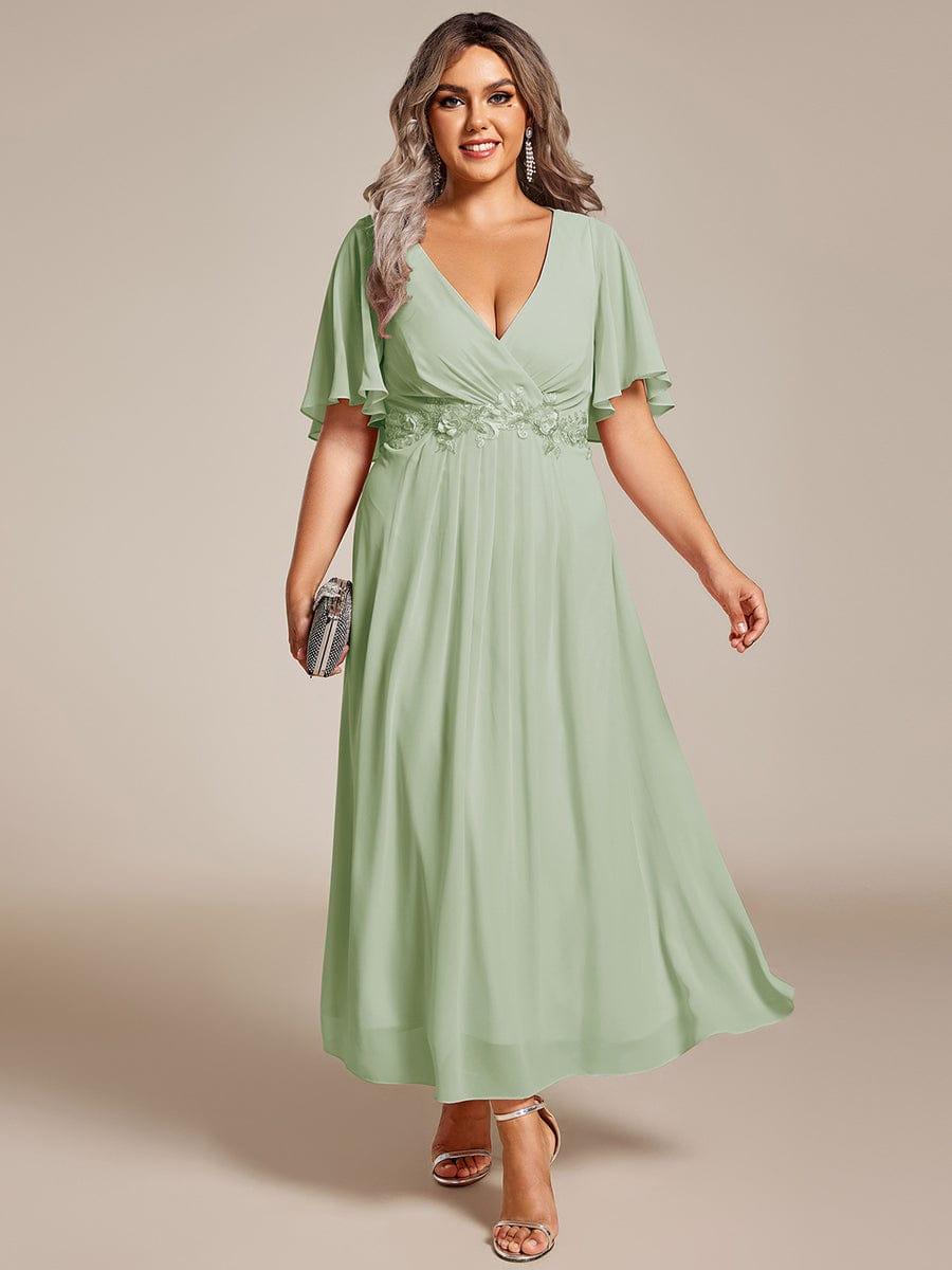 Plus Size Applique A-Line Wedding Guest Dress with Flutter Sleeves