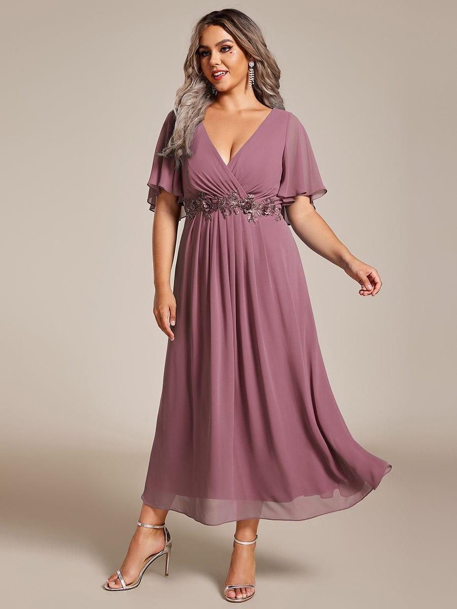 Plus Size Applique A-Line Wedding Guest Dress with Flutter Sleeves