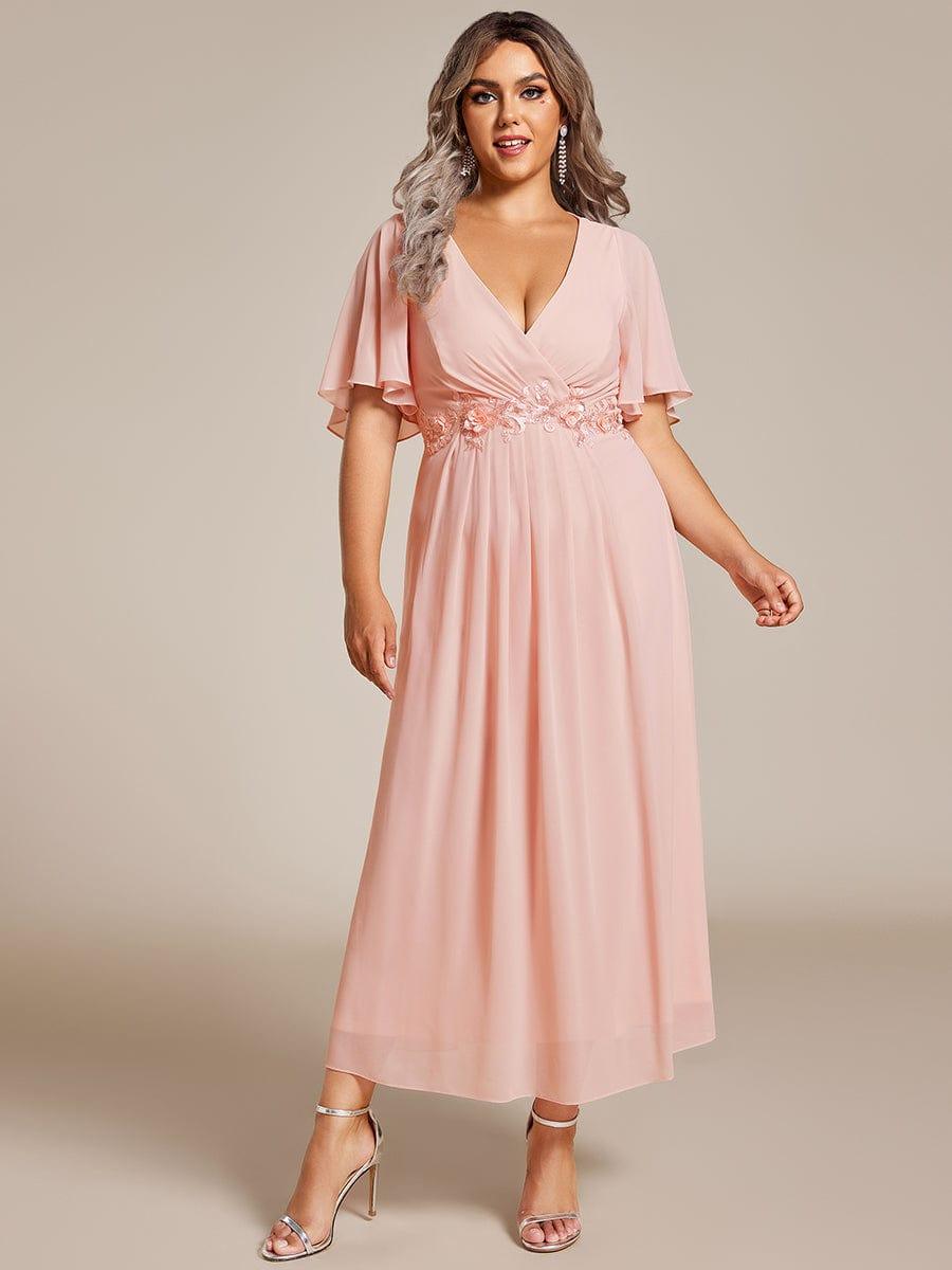Plus Size Applique A-Line Wedding Guest Dress with Flutter Sleeves