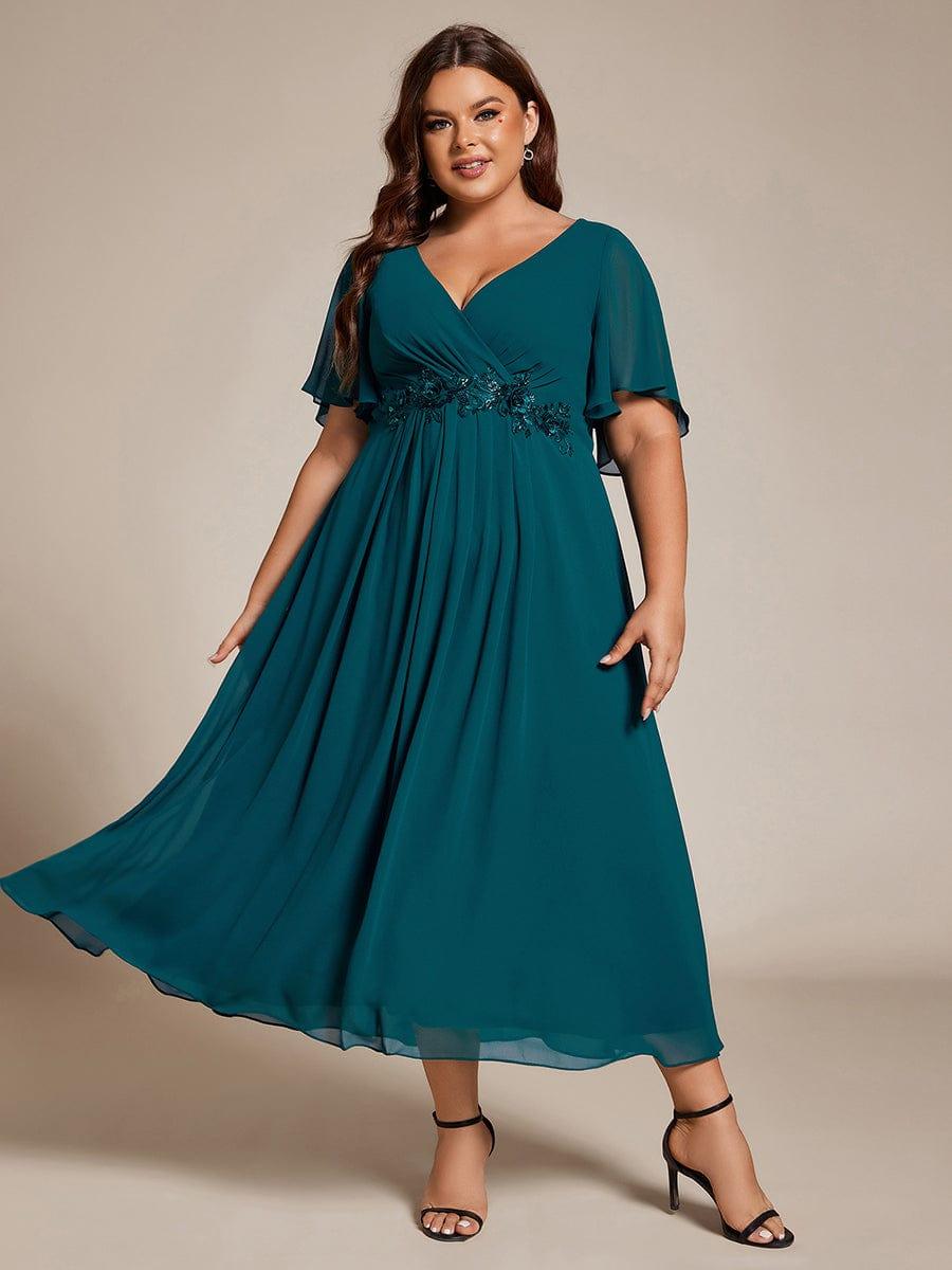 Plus Size Applique A-Line Wedding Guest Dress with Flutter Sleeves