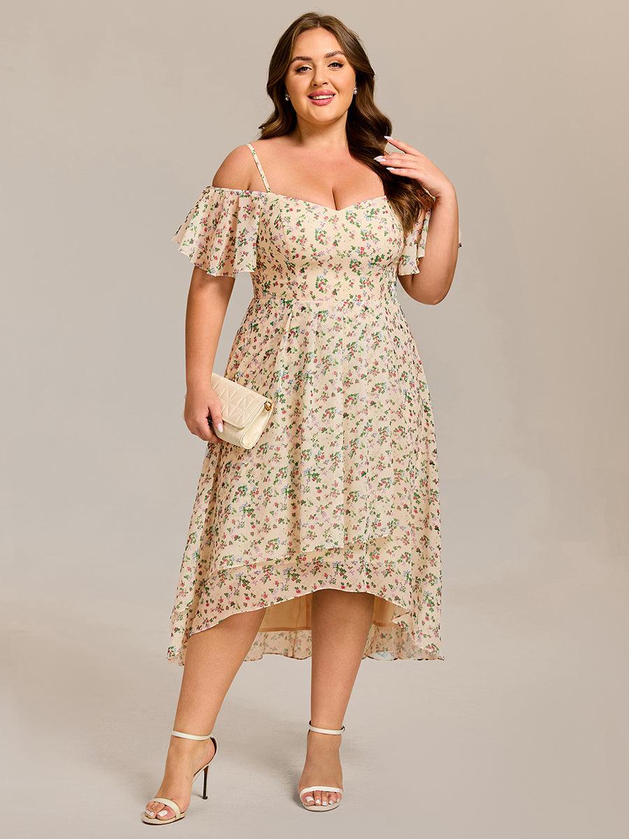 Plus Size Chiffon High-Low Wedding Guest Dress with Cold Shoulder