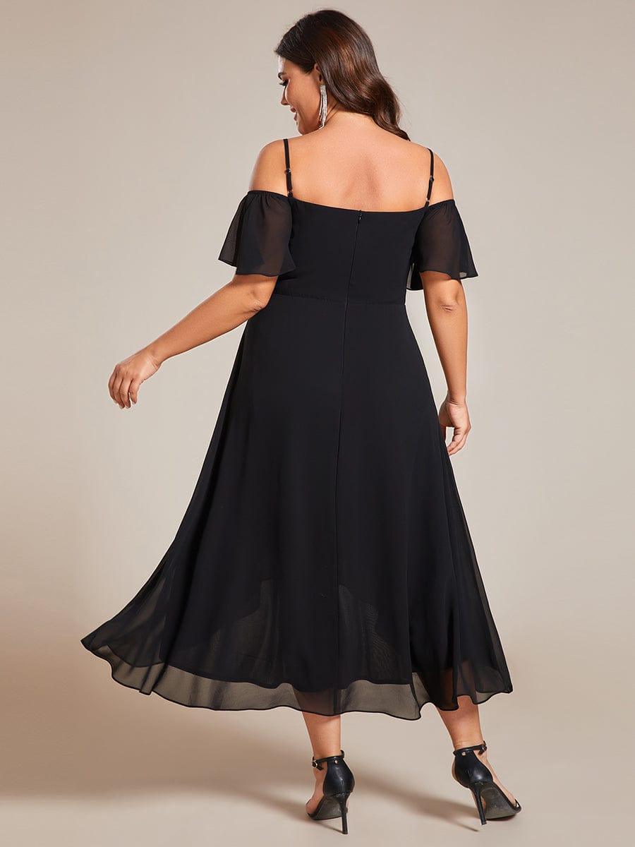 Plus Size Chiffon High-Low Wedding Guest Dress with Cold Shoulder
