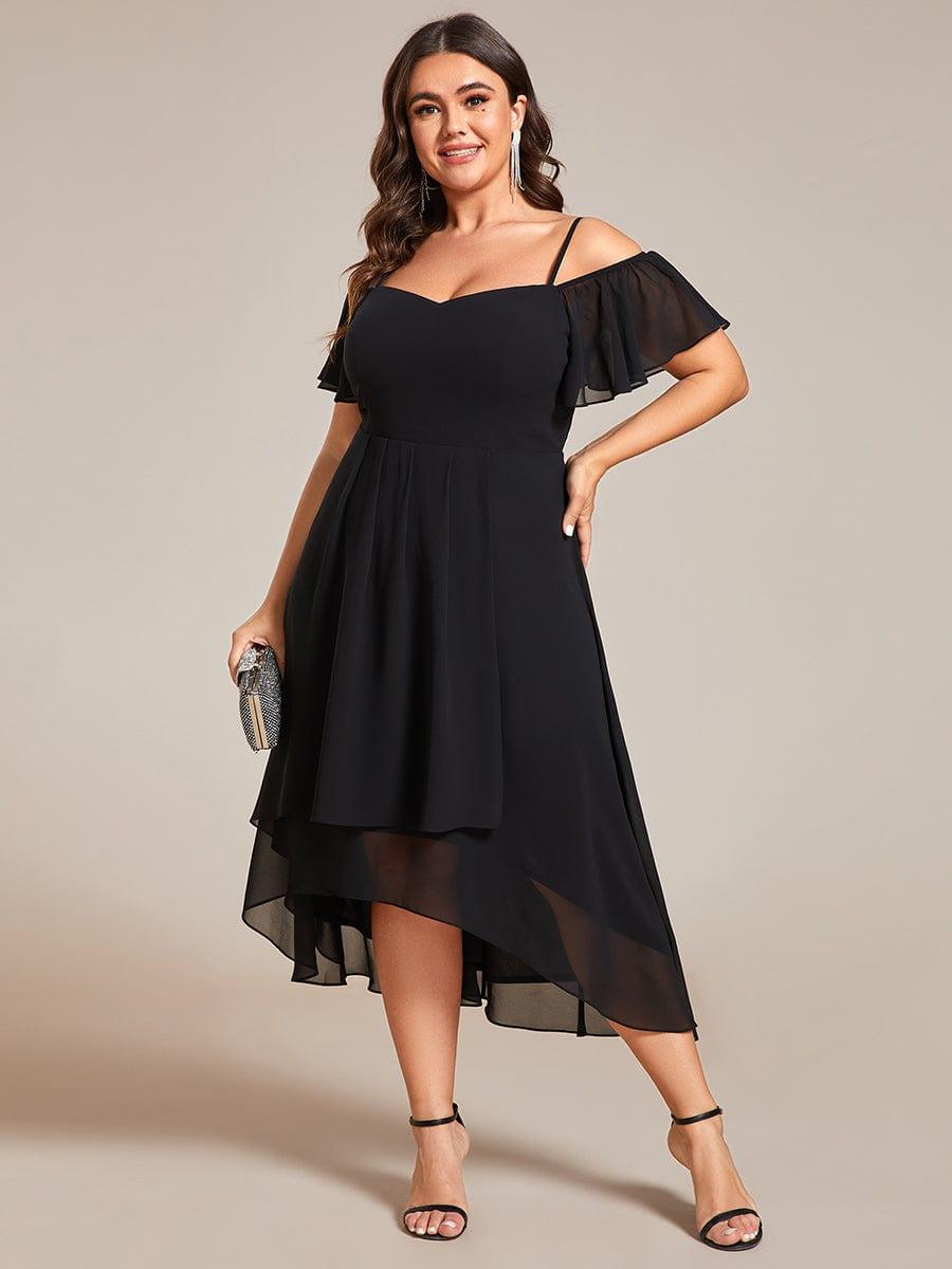 Plus Size Chiffon High-Low Wedding Guest Dress with Cold Shoulder