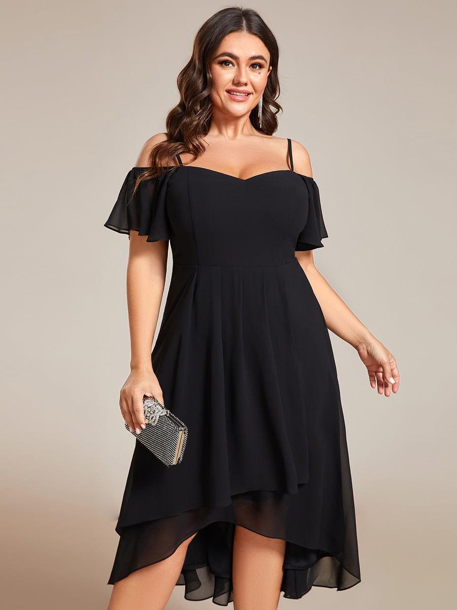 Plus Size Chiffon High-Low Wedding Guest Dress with Cold Shoulder