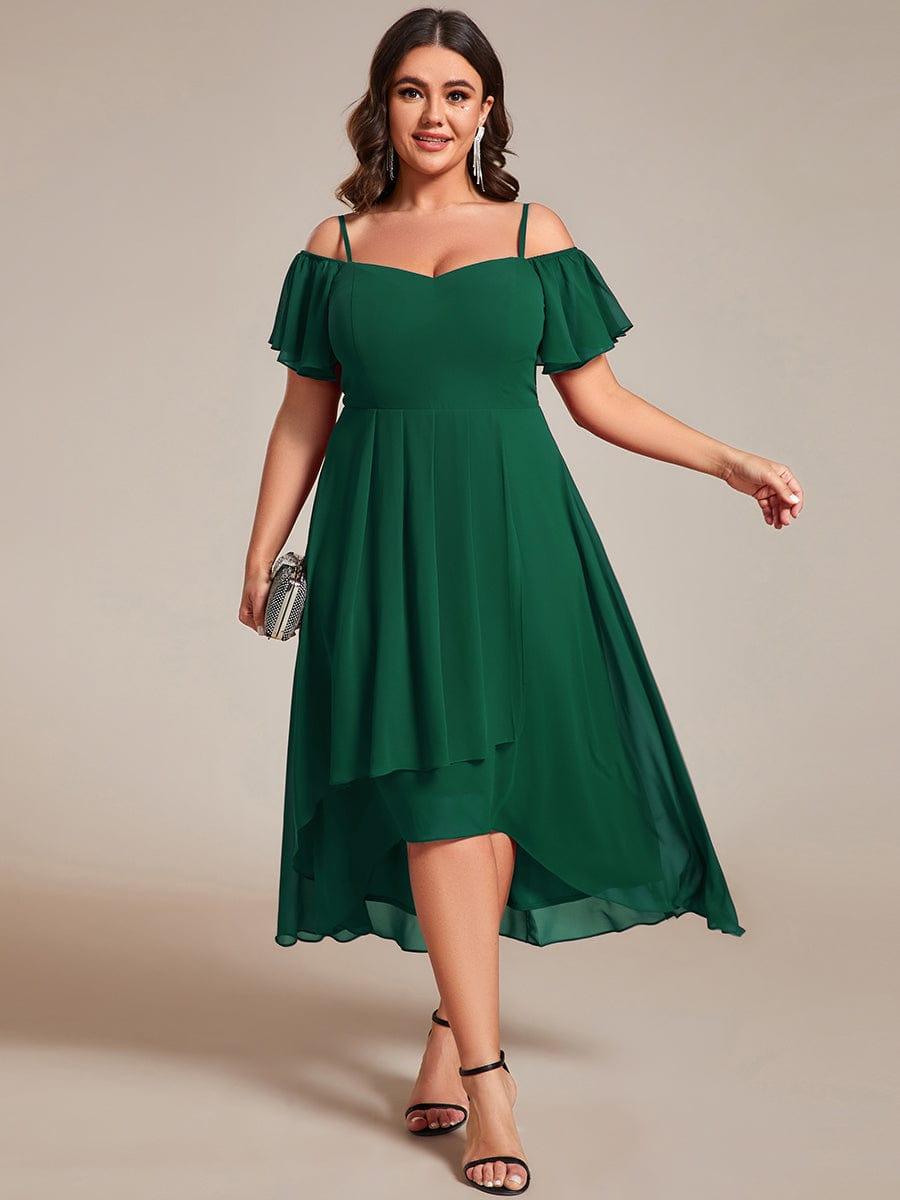 Plus Size Chiffon High-Low Wedding Guest Dress with Cold Shoulder