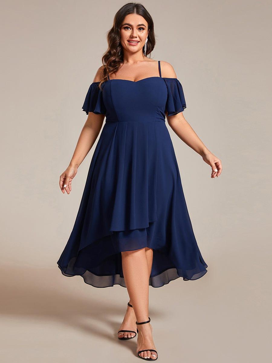 Plus Size Chiffon High-Low Wedding Guest Dress with Cold Shoulder