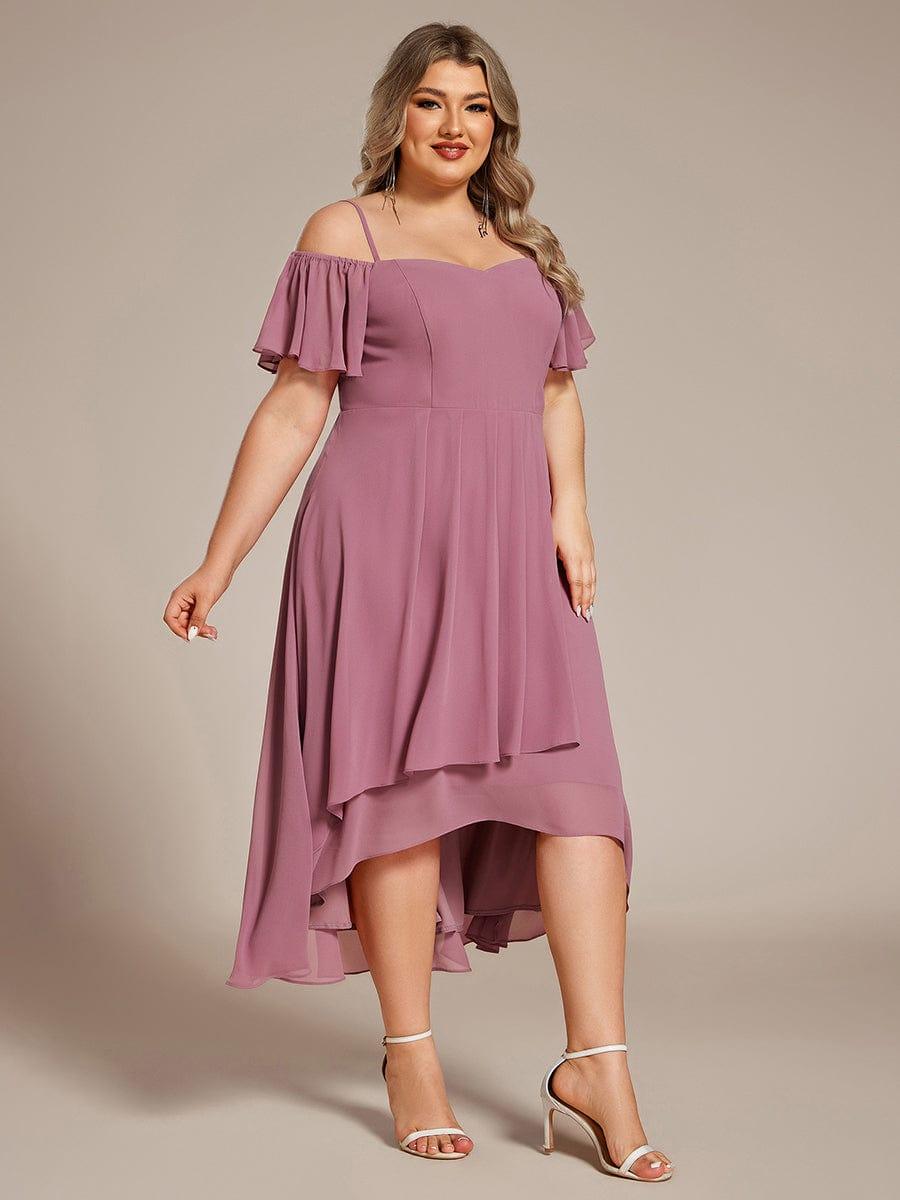Plus Size Chiffon High-Low Wedding Guest Dress with Cold Shoulder