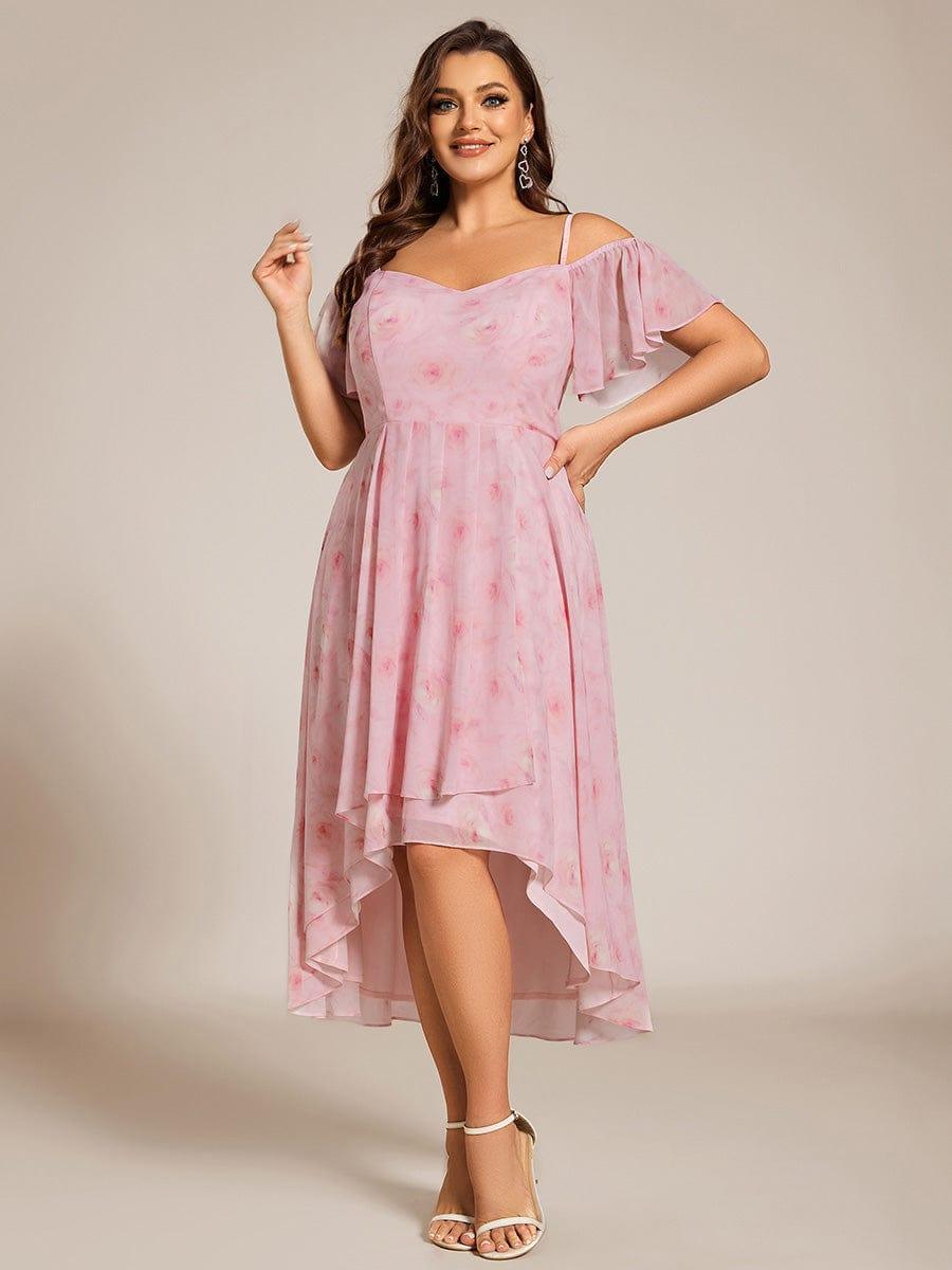 Plus Size Chiffon High-Low Wedding Guest Dress with Cold Shoulder
