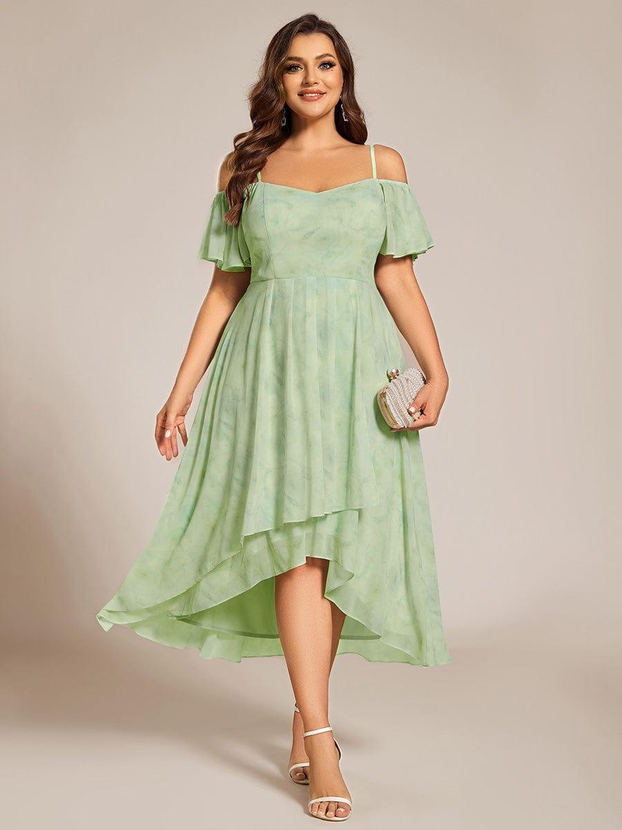 Plus Size Chiffon High-Low Wedding Guest Dress with Cold Shoulder