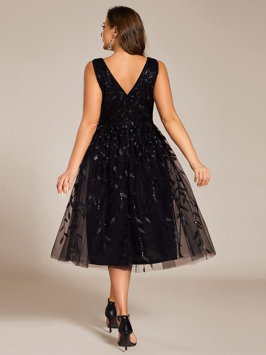 Plus Size V-Neck Sequin Applique Midi Wedding Guest Dress