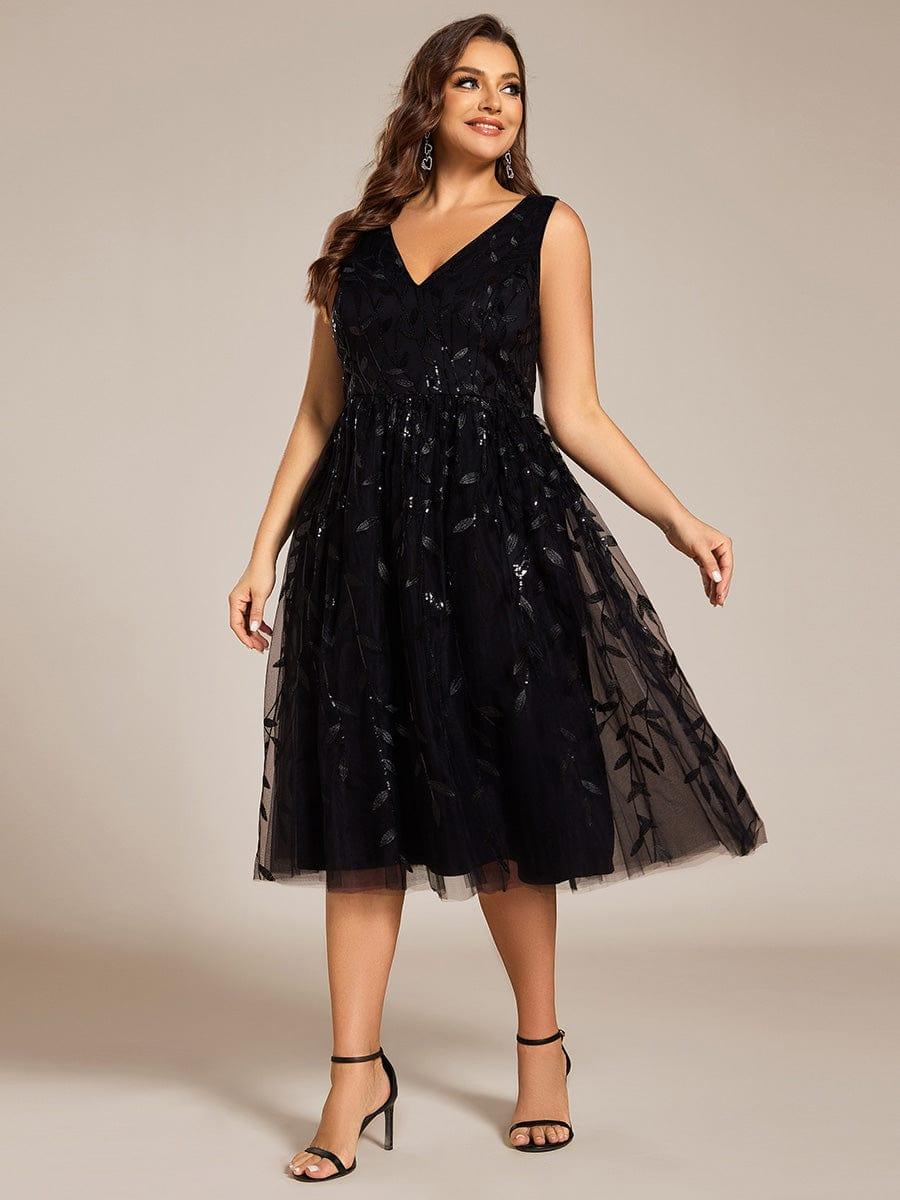 Plus Size V-Neck Sequin Applique Midi Wedding Guest Dress