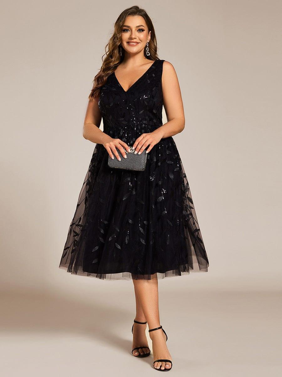 Plus Size V-Neck Sequin Applique Midi Wedding Guest Dress