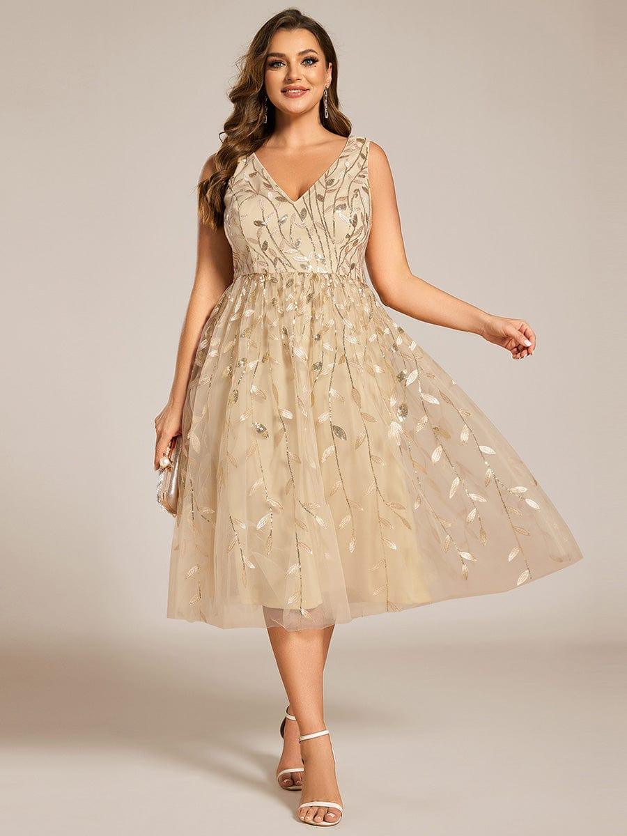 Plus Size V-Neck Sequin Applique Midi Wedding Guest Dress