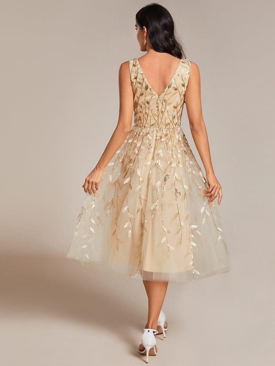 Classy V-Neck Sequin Applique Midi Wedding Guest Dress