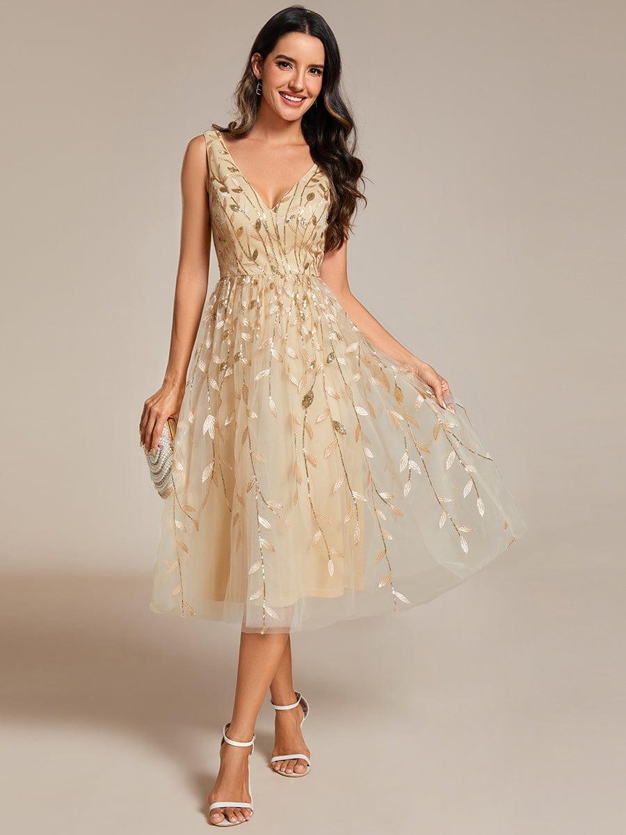 Classy V-Neck Sequin Applique Midi Wedding Guest Dress