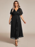 Plus Size V-Neck Ruched A-Line Ruffle Wedding Guest Dress