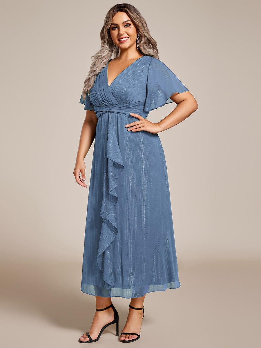 Plus Size V-Neck Ruched A-Line Ruffle Wedding Guest Dress