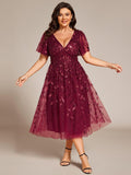 Plus Size V-Neck Sequin Applique A-Line Formal Wedding Guest Dress