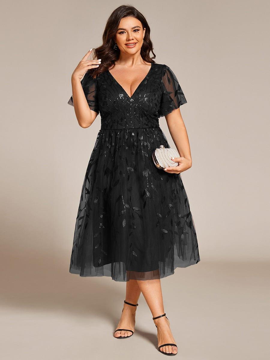 Plus Size V-Neck Sequin Applique A-Line Formal Wedding Guest Dress