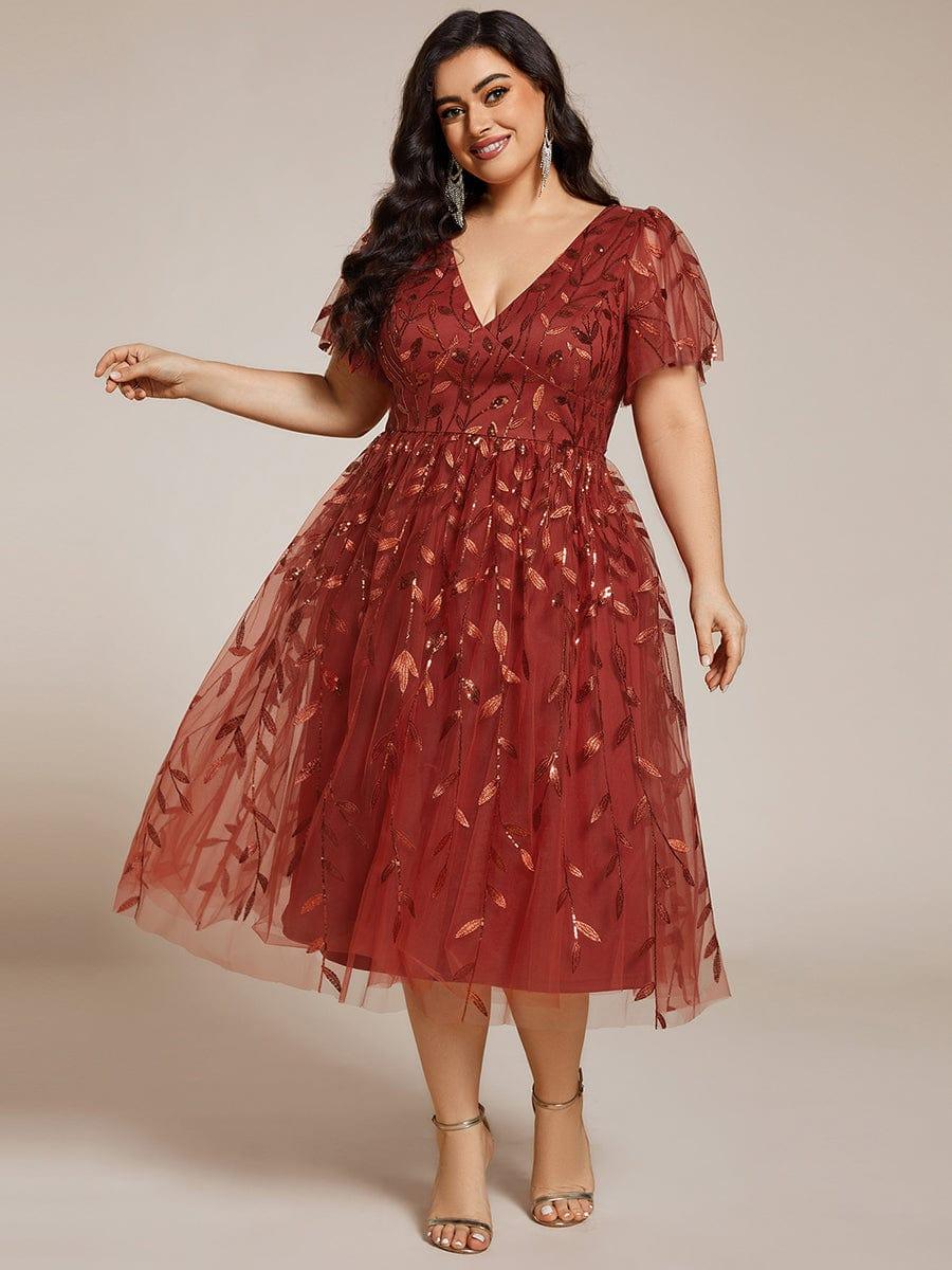 Plus Size V-Neck Sequin Applique A-Line Formal Wedding Guest Dress