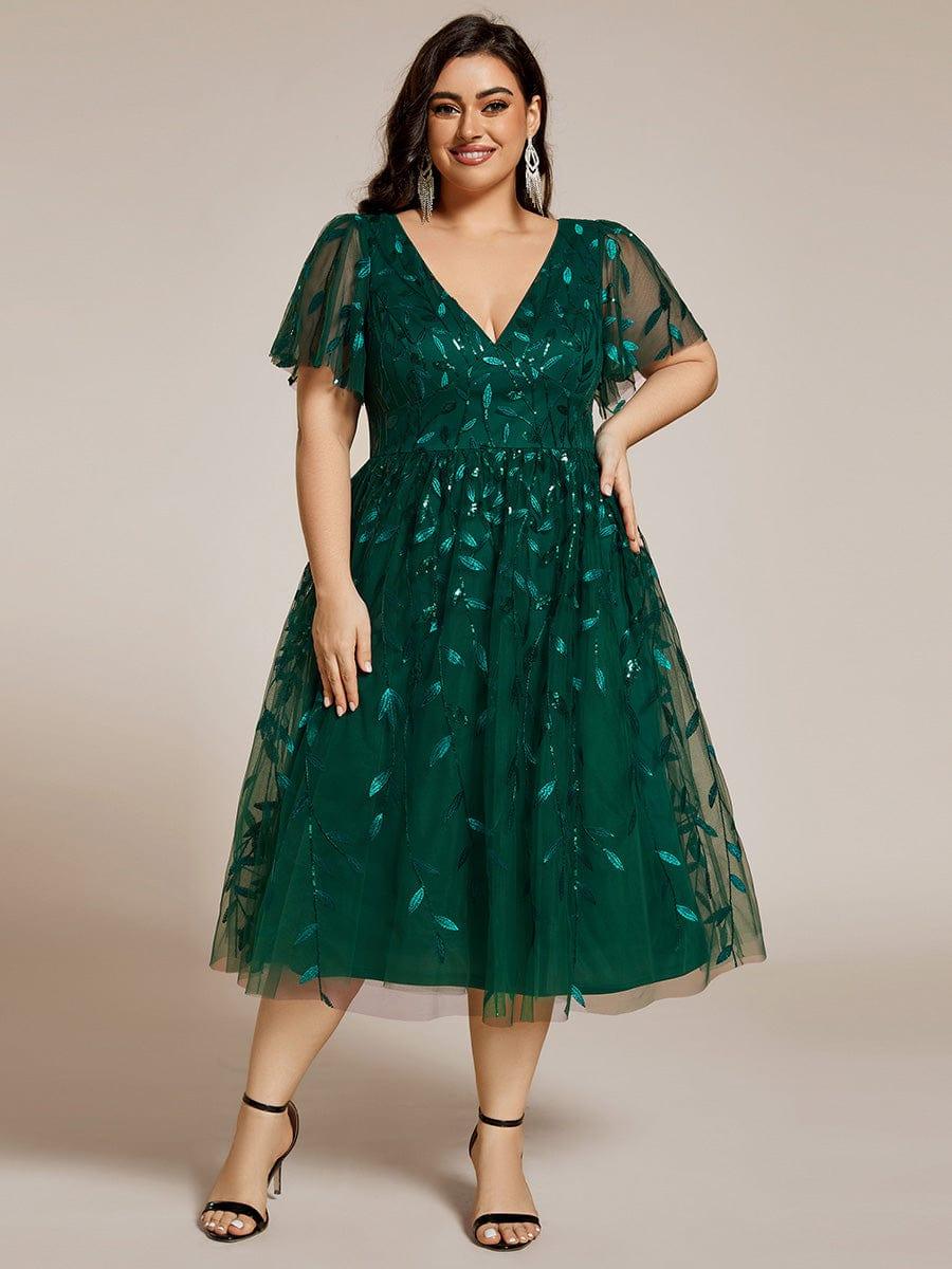 Plus Size V-Neck Sequin Applique A-Line Formal Wedding Guest Dress