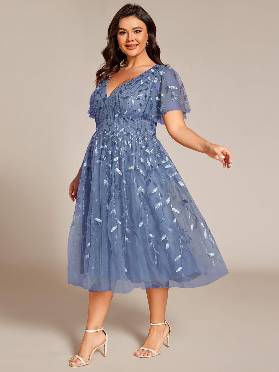 Plus Size V-Neck Sequin Applique A-Line Formal Wedding Guest Dress