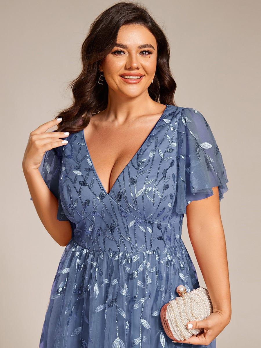 Plus Size V-Neck Sequin Applique A-Line Formal Wedding Guest Dress