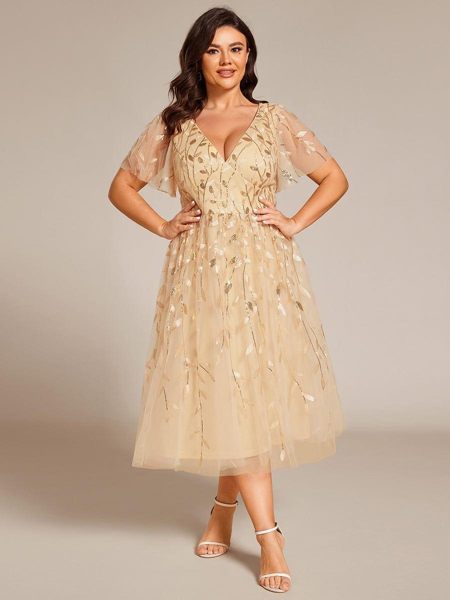 Plus Size V-Neck Sequin Applique A-Line Formal Wedding Guest Dress